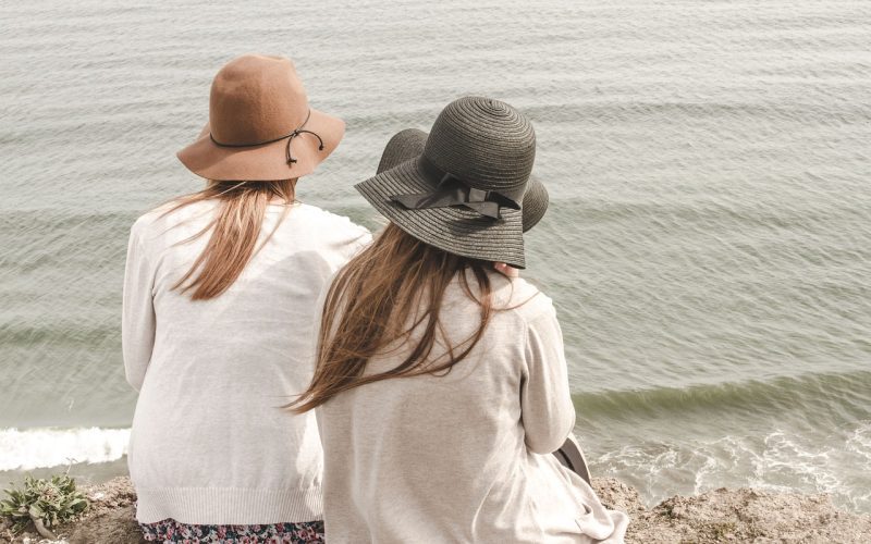 Two girls sitting on a beach